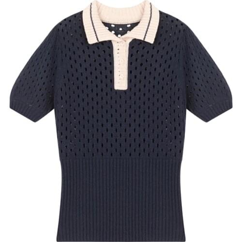 PERHAPS U Women Knitted Top Summer Short Sleeve Turn Down Collar Hollow Out Sexy Blue White B0376
