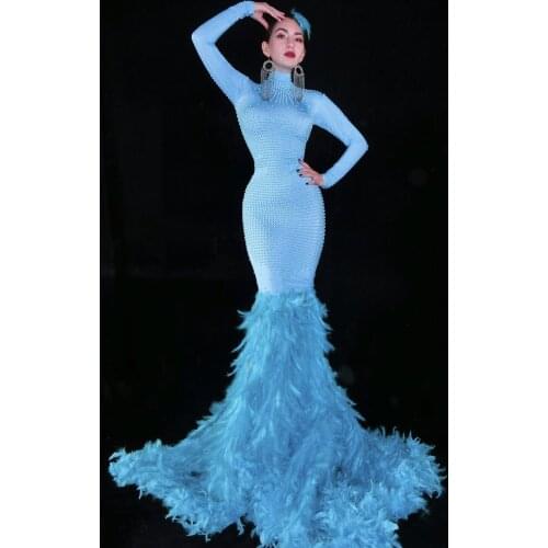 Women New Stylish Full Shining Pearls Blue Feathers Mermaid Dress Evening Party Birthday Celebration Fashion Trailing Long Dress