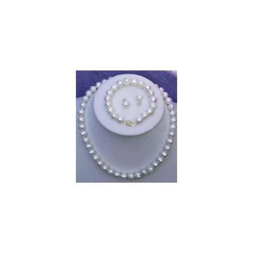 Women Gift word Love women Fashion Jewelry 7-8mm Real Natural White Cultured Pearl Necklace Bracelet Earring Set