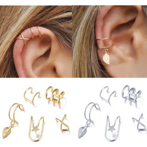 Ear Cuffs 5Pcs/Set 2020 fashion Ear Cuffs Gold Leaf Ear Cuff Clip Earrings for women Climbers No Piercing Fake Cartilage Earring