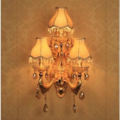 Hallway large gold wall lights modern Indoor crystal wall lamp with fabric lampshade LED wall Sconce restaurant bedside light