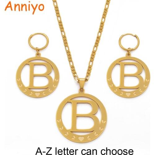 Anniyo Big Size Initial Set Pendant Necklaces&Earings Gold Color Micronesia Alphabet English Letter A-Z 26 Jewelry #076921P