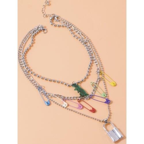 Harajuku Rainbow Pins Lock Pendant Necklace for Women Mujer Silver Color Beaded Chain Multi-Layers Chokers Necklaces Jewelry