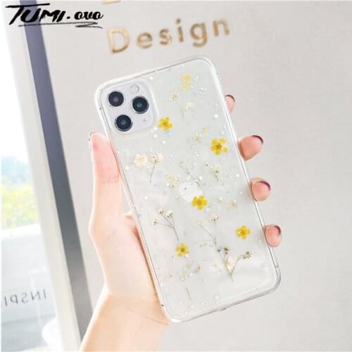 Simple Glitter Star Real Daisy Flower Phone Case For iPhone SE 2020 11 Pro Max XR XS X 7 8 6 6S Plus Soft Cover Protect Cases