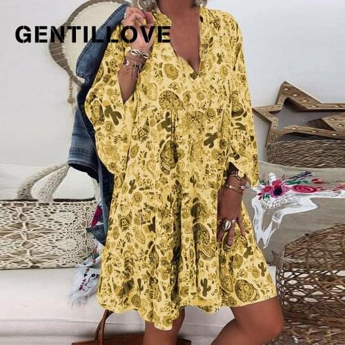 Gentillove Ruffles Bohemia Beach Style Women Printig Long Sleeve Loose V-Neck Vintage Button Summer Sexy Casual Mini Dress