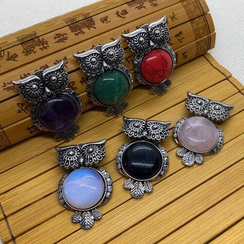 Natural Stone Brooch Pendant Owl Shape Green Aventurine Flower Green Stone Black Agate Opal Necklace Pendant DIY Jewelry Making