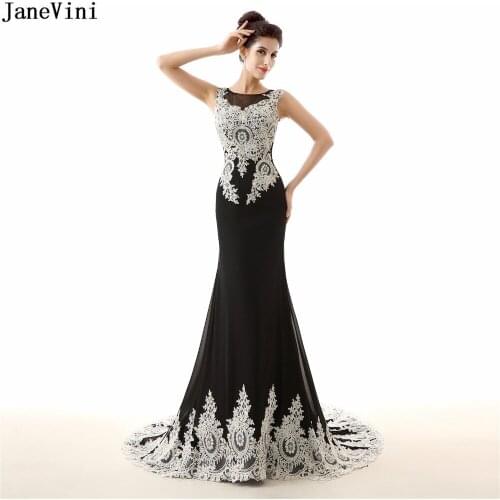 JaneVini Vintage Black Mother of The Bride Dresses Scoop Neck Lace Appliques Sheer Back Tulle Court Train Mermaid Evening Gowns