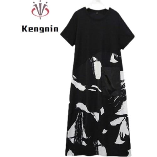 Summer Womens Dress 2021 French Style Loose Ladies T-Shirts Dresses Patchwork Print Female Black Dresses Plus Size Robe KE1501