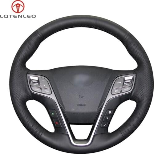 LQTENLEO Black PU Artificial Leather Hand Sew Car Steering Wheel Cover For Hyundai Santa Fe 2013-2018 ix45 2013 2014 2015 2016