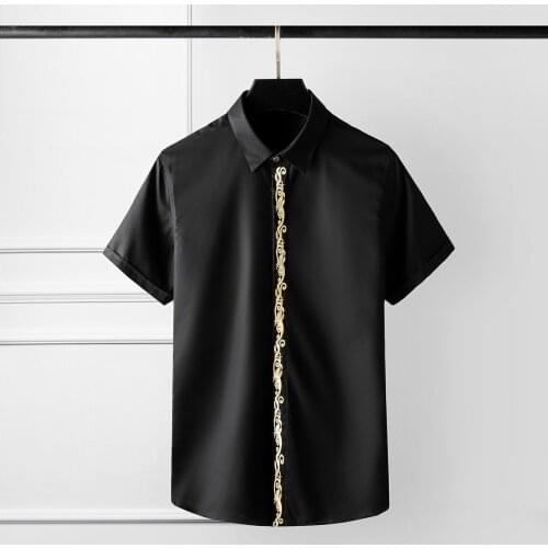 New 100% Cotton Men Shirt Fashion Placket Embroidered With Royal Pattern Mens Dress Shirt Short Sleeve Slim Fit Man Shirt M-4XL