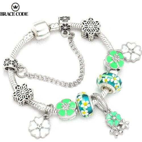 New Floral Glass beads Charm Ladies Bracelet Silver Plated Snake Bone Chain, Brand Bracelet Bracelet Gift Direct Shipment