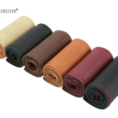 Top Layer Cowhide Leather 38cm Car Steering Wheel Covers DIY Hole Soft Auto Car Steering Wheel Braid Cover Needles And Thread