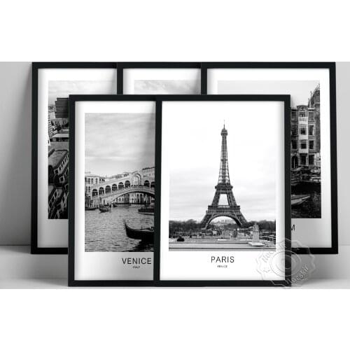 World Travel Landmarks Poster, Black White City Landscape Wall Picture, Austin Miaimi Amsterdam Venice Paris Tour Wall Stickers