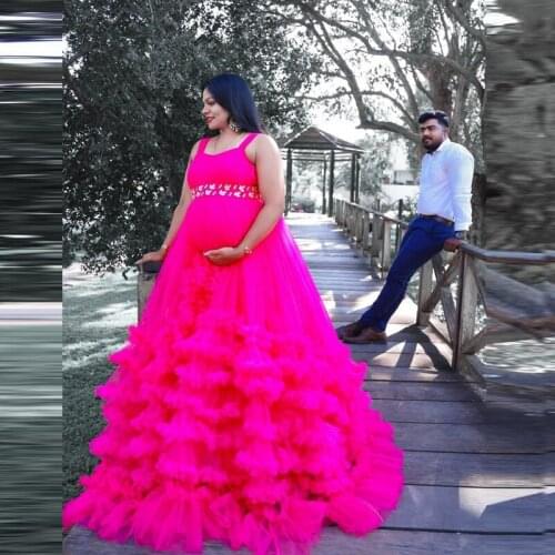 Fuchsia Ball Gown Tulle Dress For Maternity Shoot Baby Shows Beads Sash Tiered Ruffles Tulle Robes Women Hot Pink PrincessGown