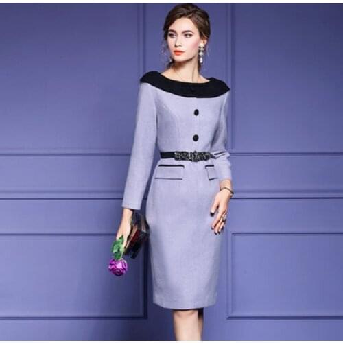 Work 2021 NEW Pencil plaid Woollen dress Women Clothing Winter Autumn Elegant dignified Party Dress Slash-neck Retro dresses