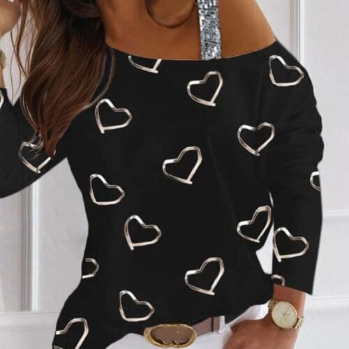 Plus Size Women Shirts Summer Long Sleeve Heart Shape Print Gold Stamping Shiny Sequins One Shoulder T-shirt Pullover for Spring