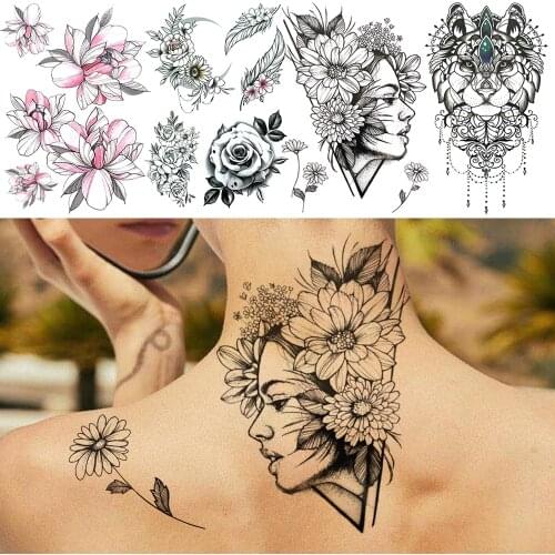 Realistic Girl Temporary Tattoos For Women Female Adult Sun Flower Rose Dahlia Fake Jewelry Tattoo Sticker Water Transfer Tatoos