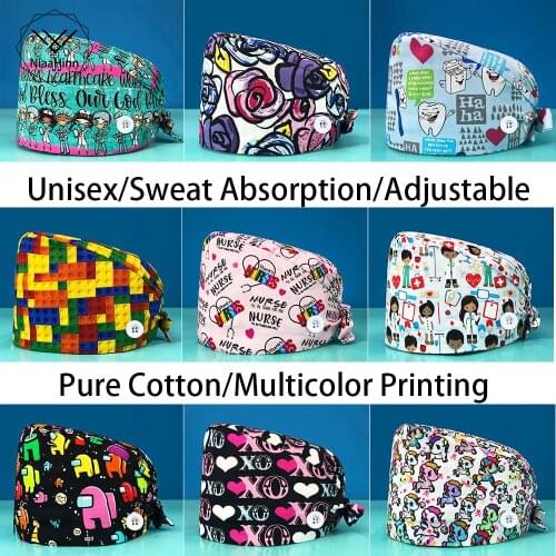 Fashion New Beauty Caps Casual Breathable Adjustable Women Men Beauty Personality Print Hat Pet Beauty Salon Hat Shop Scrub Cap