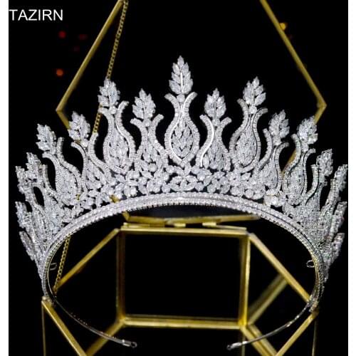 Luxury Big Cubic Zirconia Wedding Bridal Crowns Platinum Plated CZ Tall Tairas Unique Design Zircon Birthday Party Headpieces