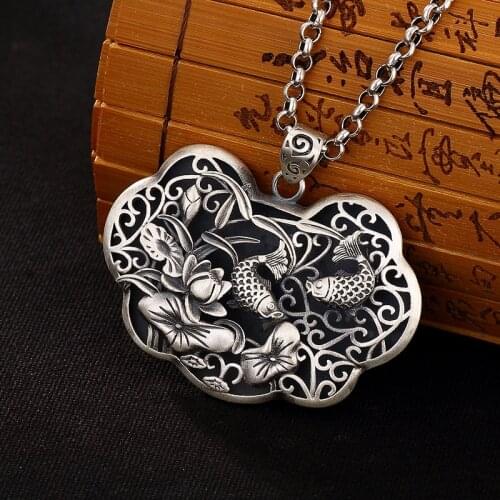 S990 Fine Silver Carp Ms Lotus Heart Sutra Ruyi Silver Restoring Ancient Ways Joker Wholesale Sweater Chain Pendant