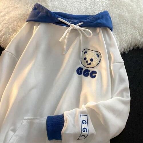 Chic Bear Embroidery Kawaii Hoodies Sweatshirt Women Patchwork Japanese 2021 Autumn New Long Sleeve Tops Fashion Teens Clothes