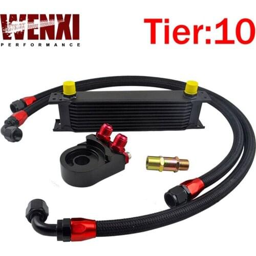 Universal 10 ROWS OIL COOLER KIT+AN10 Oil Filter Cooler Sandwich Plate Adapter Black+2PCS BRAIDED HOSE LINE