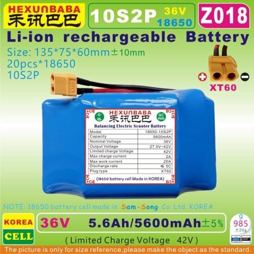 [Z018] 42V,36V / 5600mAh,5.6Ah XT60 Li-ion battery ( 18650 * 10S2P )for Wheel smart self balancing electric Scooter (KOREA CELL)