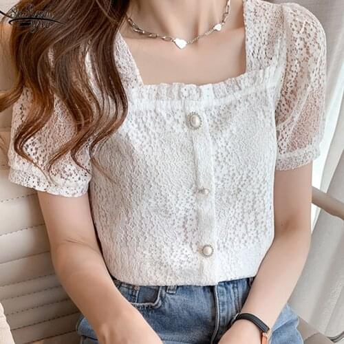 2021 New Square Collar Women Shirt Summer Hollow Out Lace Blouse Short Sleeve Lace Top Single Breasted Clothing Women Tops 14409