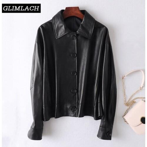 Real Leather Jacket Women Oversize Loose Genuine Leather Sheepskin Coat Short Casual Female Office Lady Single Breasted Outwear