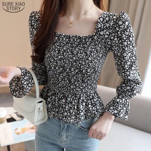 2021 Autumn Office Korean Print Pullover Women Shirt Floral Flare Sleeve Chiffon Blouse Women Plus Size Clothing Blusas 10519