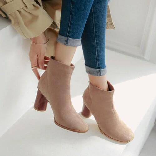 YMECHIC New Arrival 2019 Autumn Winter Ankle Boots Women Flock Zipper Round High Heels Black Red Booties Ladies Shoes Big Size