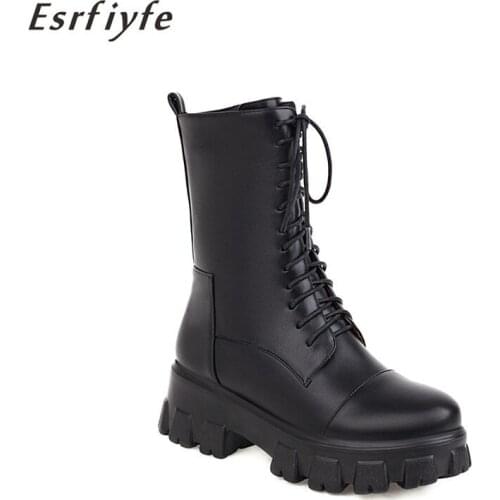 ESRFIYFE Platform Women Short Boots Wedge Heel Fashion Lace Up Ladies Chunky Shoes Black 2020 New Fall Spring Great Quality