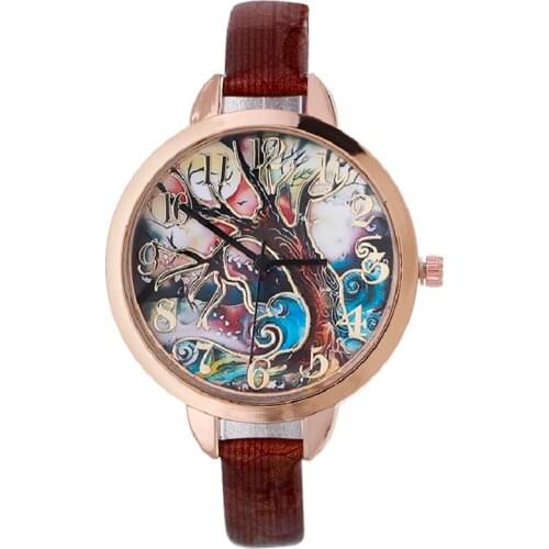 Gnova Platinum Fashion Women Watch Tree Moon Halloween Painting Quartz Wristwatch Vintage Geneva Style A809