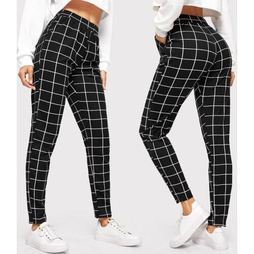 Women Fitness Pants Lattice Printing Loose Casual Button Trousers Women Pocket Leisure Time Pants Haren Pants Pants Mujer #T2G