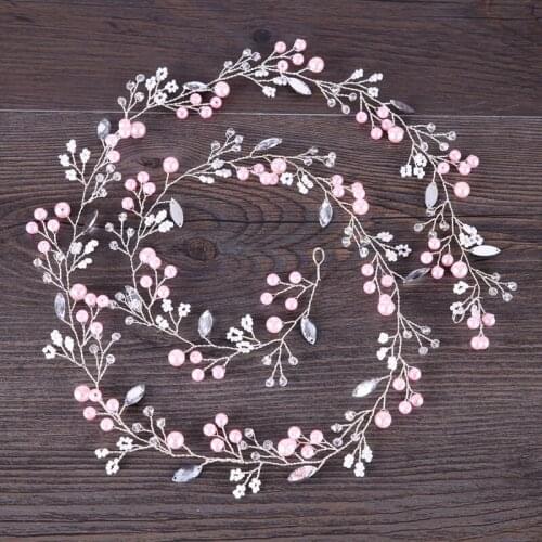 Trendy Pink Pearl Wedding Hair Accessories Silver Color Handmade Tiara Headband Rhinestone Bride Headpiece Women Hair Jewelry