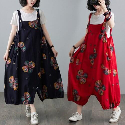 2021 New Fashion Women Clothes Culottes Summer Rompers Cotton Linen Print Floral Vintage Women Jumpsuits Loose Casual Overalls