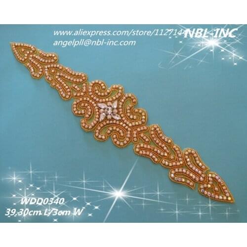 30pcs)Wholesale handmade iron on bridal beaded rainbow AB crystal rhinestone gold applique for wedding dress belt WDD0340