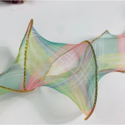 5yards/lot Gradient Lattice Gold Edge Organza Stain Ribbon for DIY Craft Gift Wrapping Hair Bowknot Clothing Dress Trims