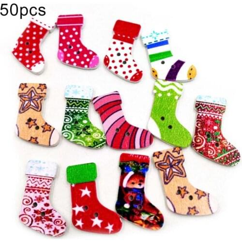 50pcs Mixed Christmas Decor Wooden Buttons 2 Hole Sewing Button for Kids Clothing Scrapbooking DIY Craft New Year Decoration