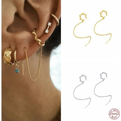 Aide 925 Sterling Silver Dangle Long Chain Tassel Clip Earrings For Women Girls Single Twist Circle Ear Cuff European Jewelry