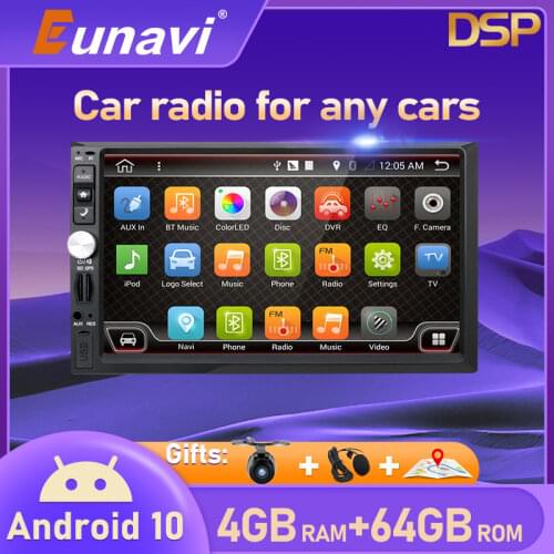Eunavi 2 Din Universal Android 10 4G+64G Car Radio Multimedia Stereo Player 7 inch Touch Screen WiFi DSP GPS Navigation no DVD