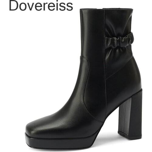 Dovereiss Fashion Womens Shoes Winter Bwige Genuine Leather Platform Zipper Square Toe Chunky Heels Ankle Boots Block Heels New