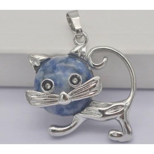 Brazilian Sodalite Stone GEM Pendant Lovely Cat Animal Jewelry For Gift S3239