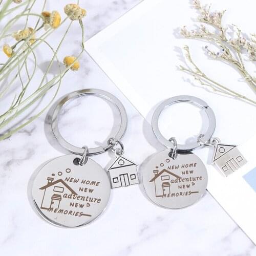 New Home New Adventures Keychains Creative House Charms Titanium Stainless Steel Key Chains Keyring Housewarming Gifts