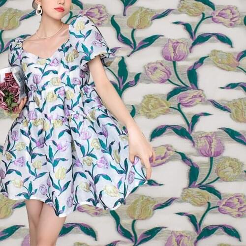 Purple Flowers On White Jacquard Fabric For Dress Tissus Coton Imprimé Telas Algodon Estampadas Sewing Ткань Для Шитья Vestidos