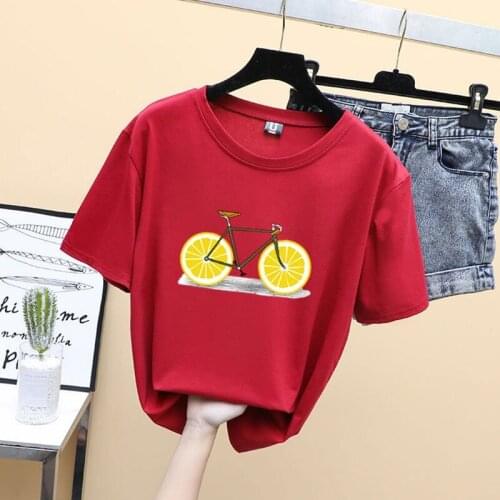 Summer New T Shirt Fashion Casual Lemon Bike Print Tee Loose Wild O Neck Short Sleeve Tshirt Women Tops New