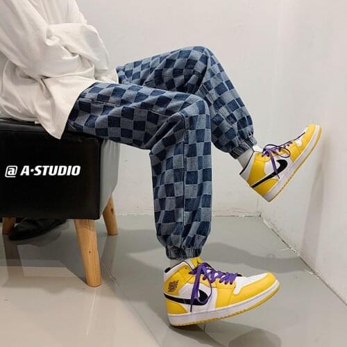 2021 Mens Loose Plaid Printing Jeans Cowboy Casual Pants Fashion Trend Black/Blue Color Haren Pants Hip Hop Style Trousers
