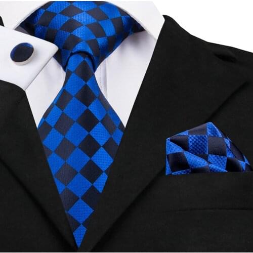 Hi-Tie Blue Silk Ties Set for Men Fashion Plaid Necktie Handkerchief Cufflinks Set Business Wedding Party Tie Gravata C-1572