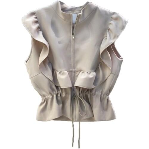 Neploe Slim Waist Ruffled Drawstring Zipper Waistcoat Korea 2021 Spring Fall WomenVest Fashion Casual Vest Women Top