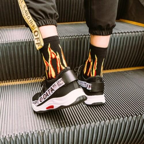 Men Fashion Hip Hop Hit Color On Fire Crew Socks Red Flame Blaze Power Torch Hot Warmth Street Skateboard Cotton Socks